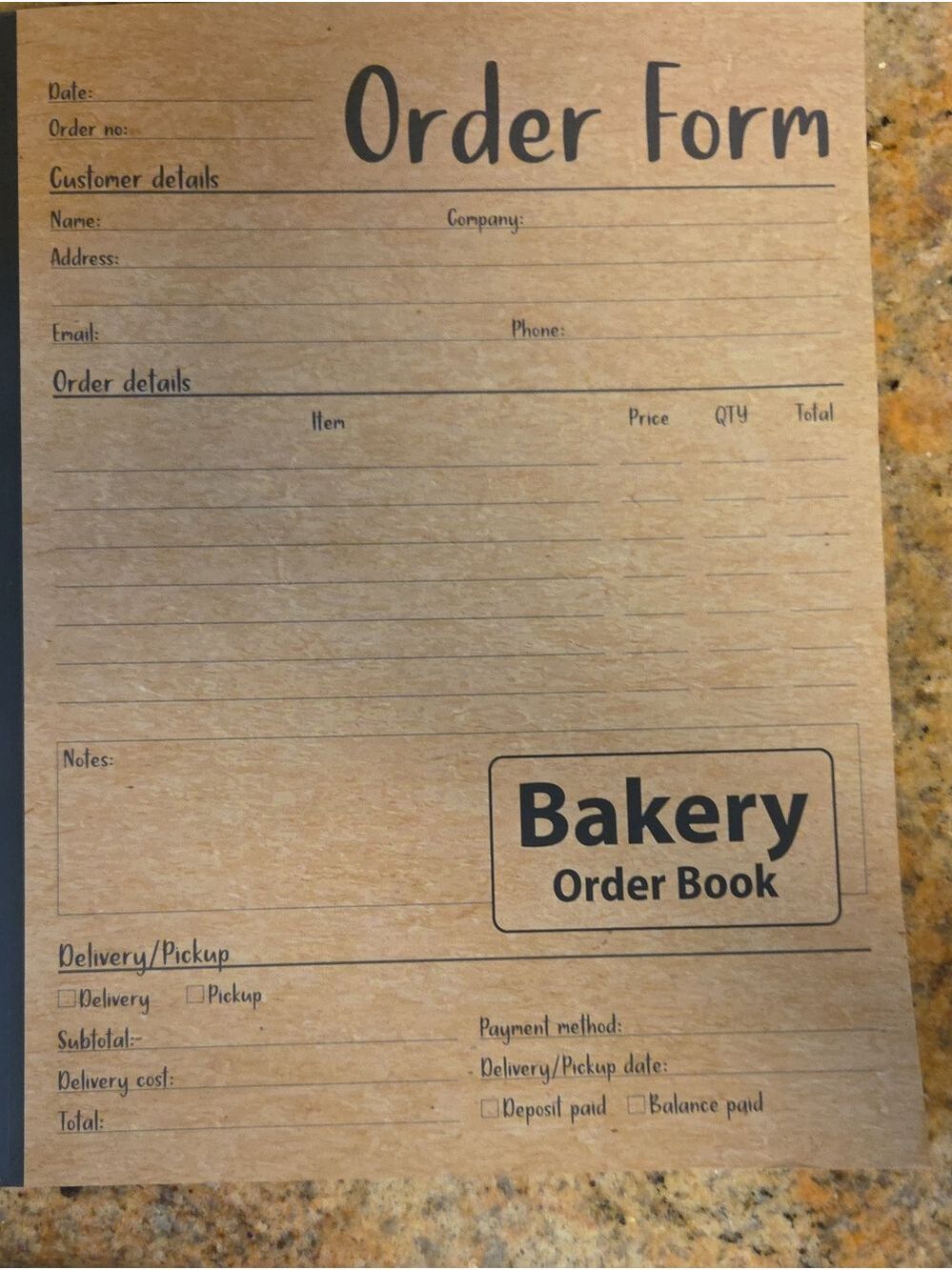 Bakery Order Book - Kraft Brown Order Form